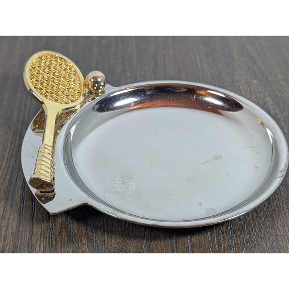 VTG Brass Tone Tennis Racket Coin Dish Ashtray Preppy Dad Retro Made in Taiwan - Picture 5 of 6